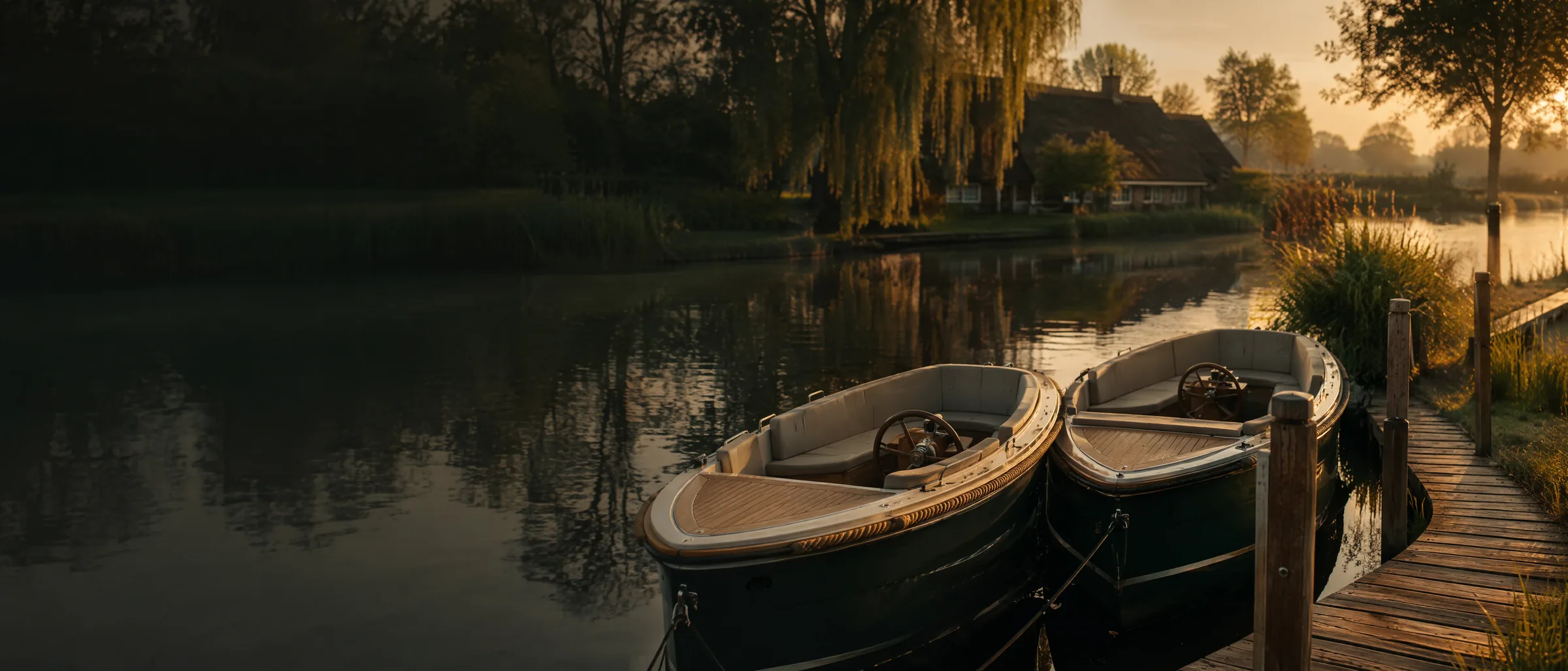 Two sloops moored at a jetty in late afternoon light